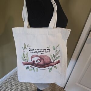 White Canvas Tote Bag with Sloth Illustration